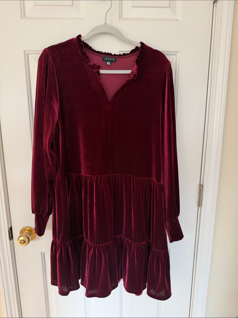 STATE Tiered Velvet Long-Sleeve Dress in Burgundy